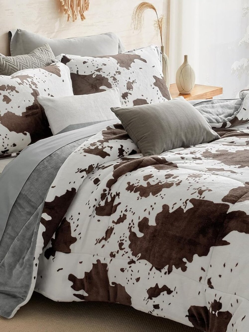 Velvet Flannel King Comforter Set- Cow Print Western Style Blanket,Luxury Fuzzy
